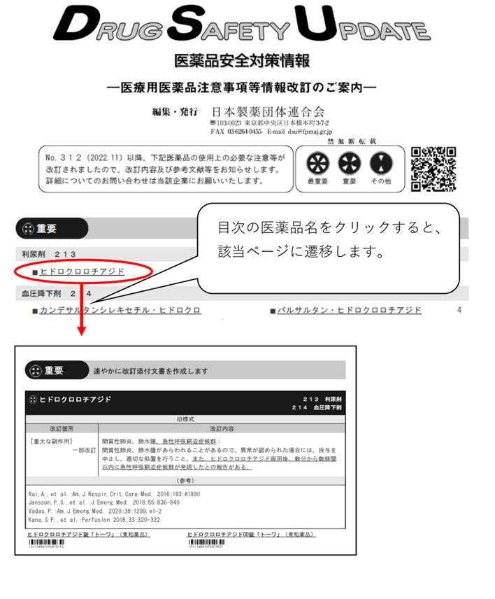 DSUの目次ページの画像。目次の医薬品名をクリックすると、該当のページに遷移します。