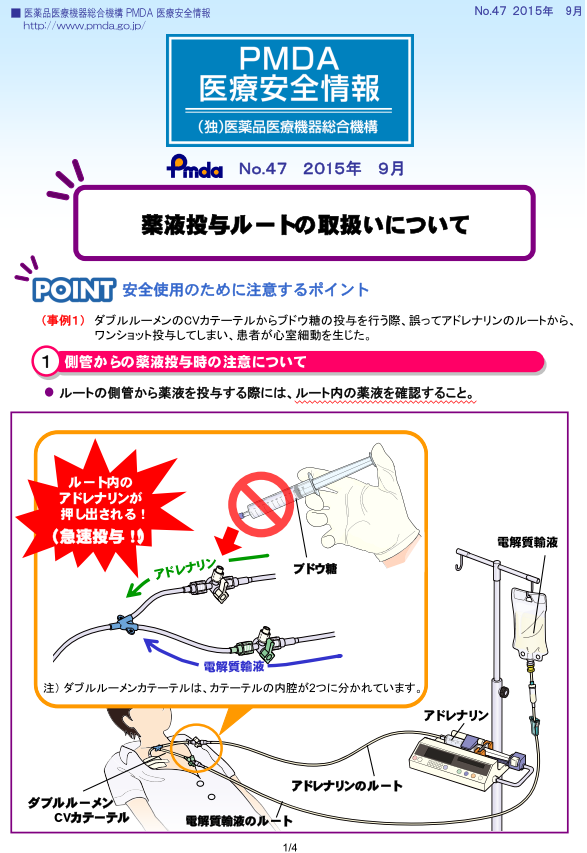 PMDA医療安全情報 No.47 薬液投与ルートの取扱いについて　の1枚目のイメージ画像です。クリックするとPDFファイル（2.07MB）が開きます。