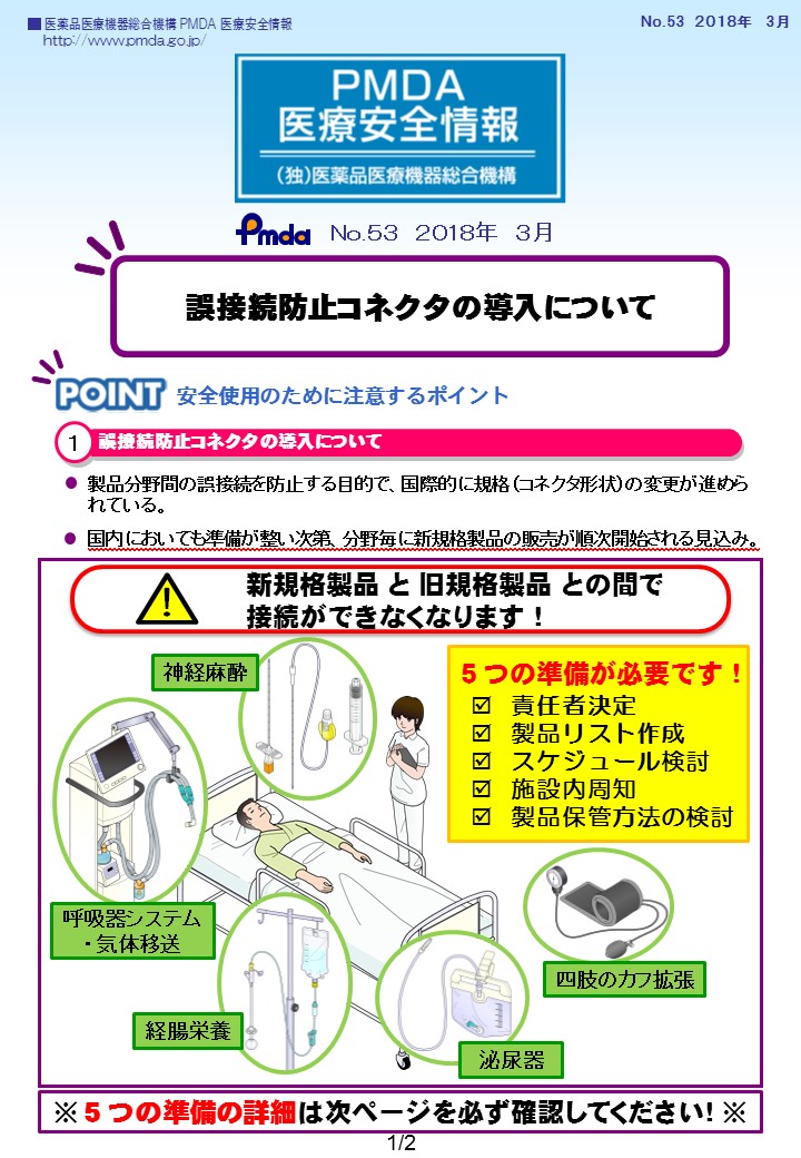 PMDA医療安全情報 No.53 誤接続防止コネクタの導入について　の1枚目のイメージ画像です。クリックするとPDFファイル（726.30KB）が開きます。