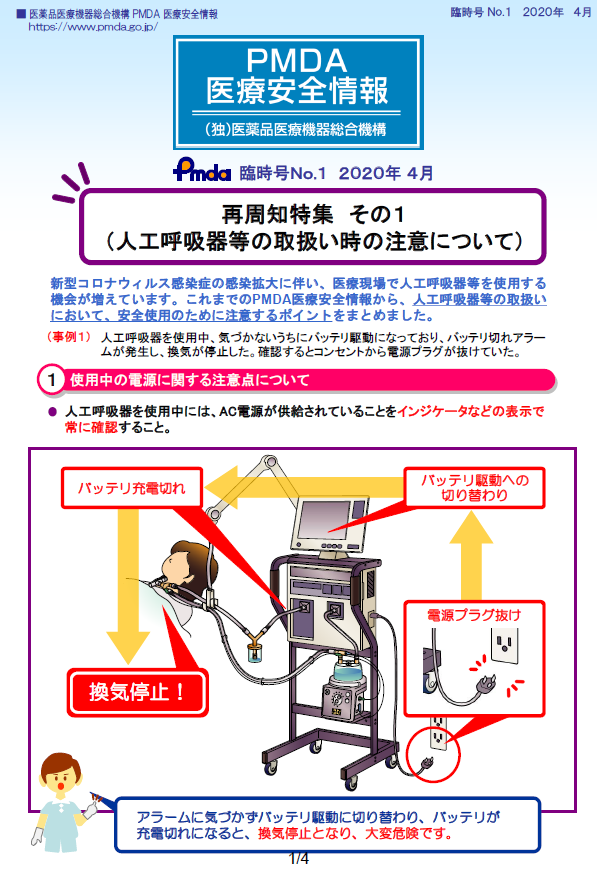 PMDA医療安全情報 臨時号No.1 再周知特集 その1（人工呼吸器等の取扱い時の注意について）