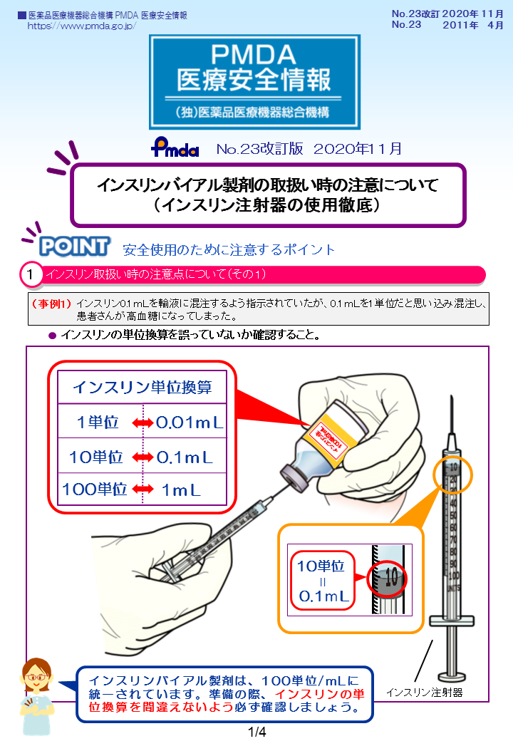 PMDA医療安全情報 No.23 インスリンバイアル製剤の取扱い時の注意について（インスリン注射器の使用徹底）　の1枚目のイメージ画像です。クリックするとPDFファイル（1.03MB）が開きます。