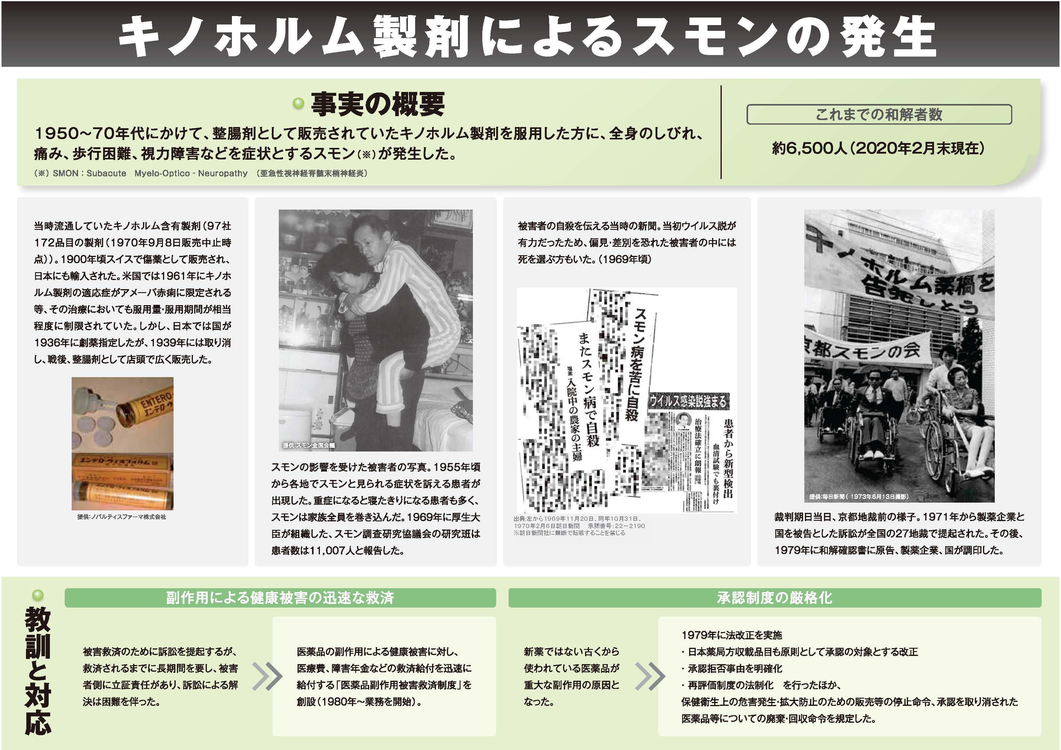 キノホルム製剤によるスモンの発生のパネルの画像です。クリックするとPDFファイルが開きます。また、解説パネルの紹介動画にて、パネルの内容を確認いただけます。