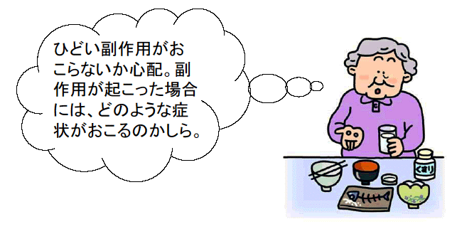 「ひどい副作用が起こらないか、副作用が起こった場合どのような症状がおこるのか」と心配している女性のイラスト