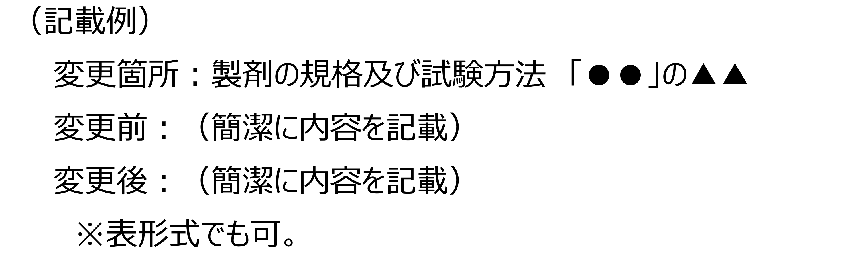 記載例として、変更箇所「製材の規格及び試験方法」、変更前の記載、変更後の記載となります。