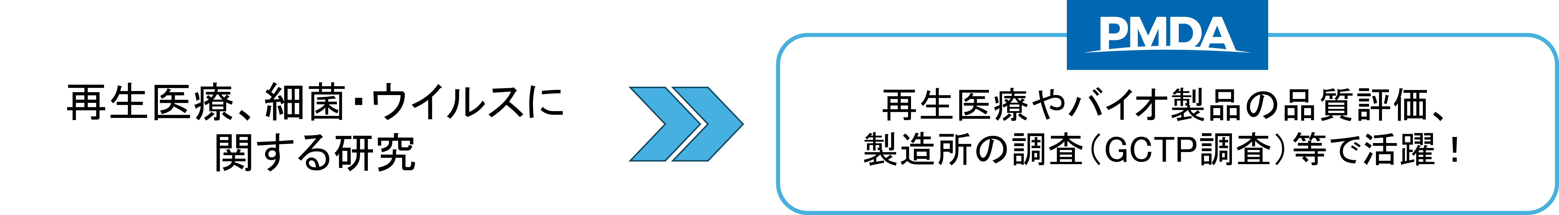 再生医療、細菌・ウイルスに関する研究をされた方が、再生医療やバイオ製品の品質評価、製造所の調査(GCTP調査)等で活躍できることを伝える画像