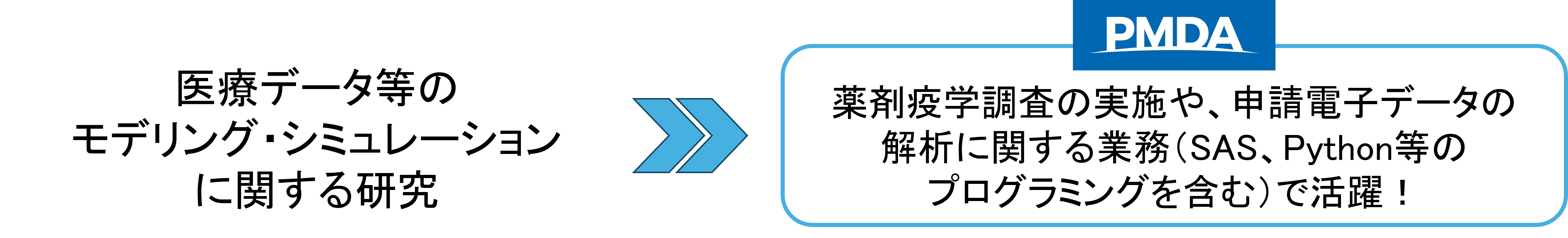 医療データ等のモデリング・シュミレーションに関する研究をされた方が、薬剤疫学調査の実施や、申請電子データの解析に関する業務(SAS、Python等のプログラミングを含む)で活躍できることを伝える画像